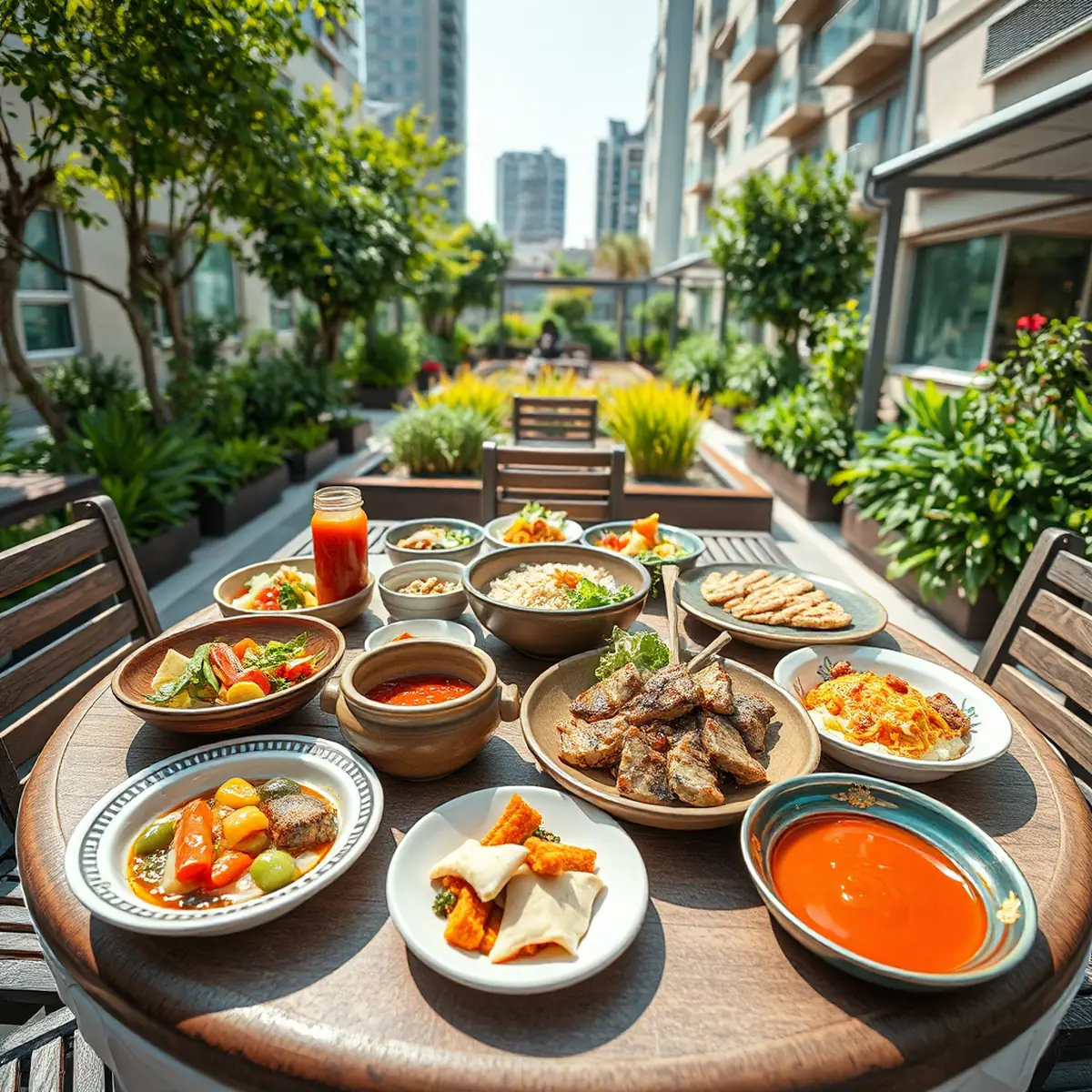 Cena ampla de um jardim urbano sob luz solar, onde se percebe a diversidade da culinária coreana, com pratos tradicionais como bibimbap, kimchi, bulgogi e tteokbokki dispostos de forma natural.
