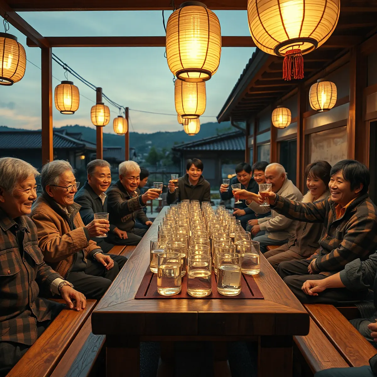 Paysage d'un rassemblement traditionnel extérieur coréen, avec des lanternes en papier et une kiosque en bois entre lesquelles sont posées des tasses de soju sous un coucher du soleil.