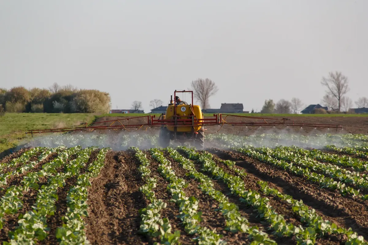Tractor spraying a vibrant farm field. Capturing modern agriculture in action.