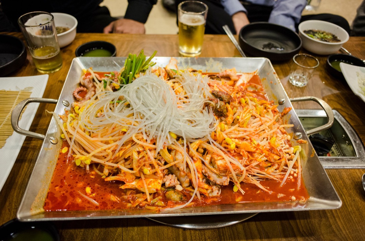 Korean kimchi with rice cake and seafood