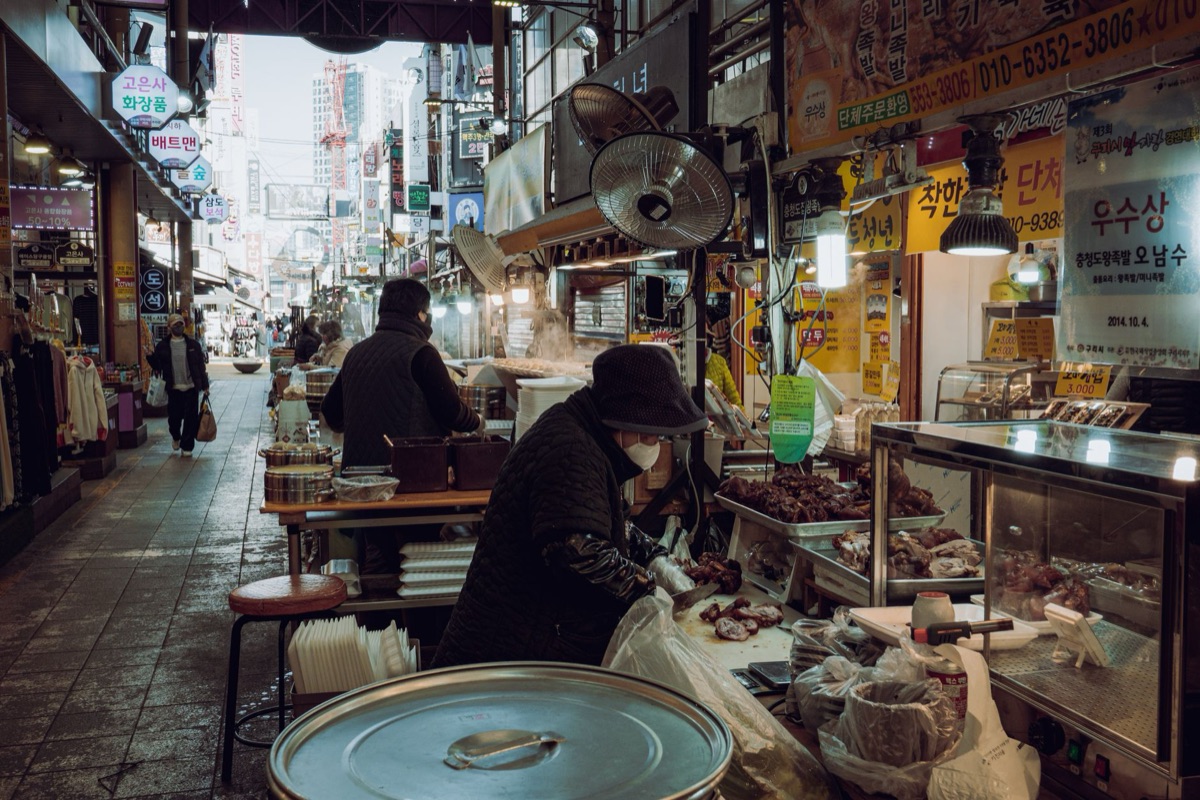 Korean street food vendor, traditional food market