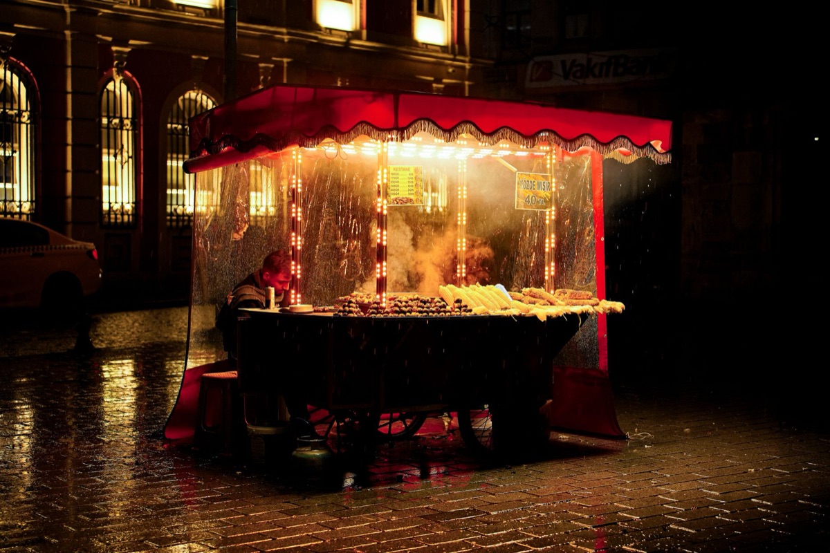 Korean street food cart with tteokbokki