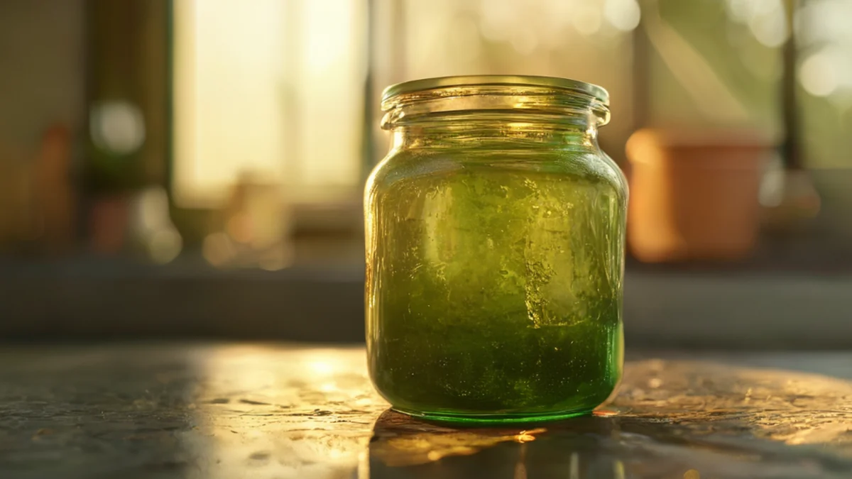 Ein dickes Glasgefäß, grün mit texturierter Oberfläche, auf einem Stein-Tisch, unter goldenem Stundenschein, flache Schärfe, photo-realistisch, scharfe Schärfe, hohe Details