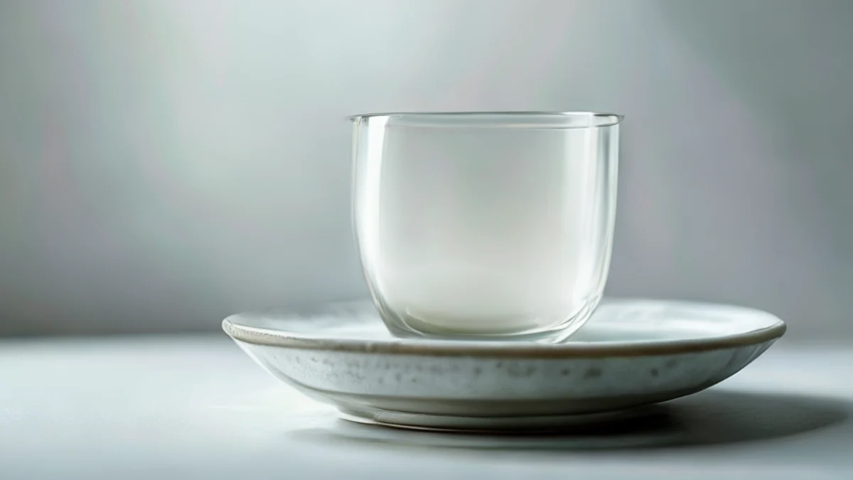 Frostsichtiges Glas, milchig, trüb, auf keramischer Platte, unter Softbox-Licht, flache Schärfe, photo-realistisch, hohe Details