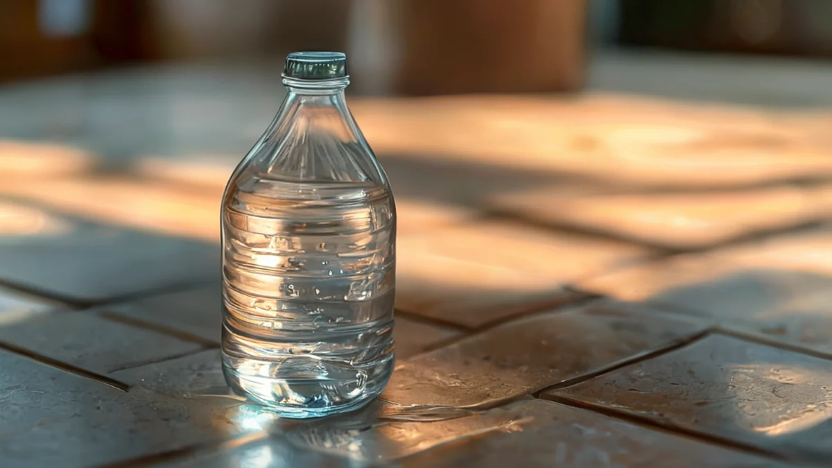 Plastik-Pet-Wasserflasche, transparent, runder, auf keramischer Fliese unter warmem Licht, flache Schärfe, photo-realistisch, hohe Details
