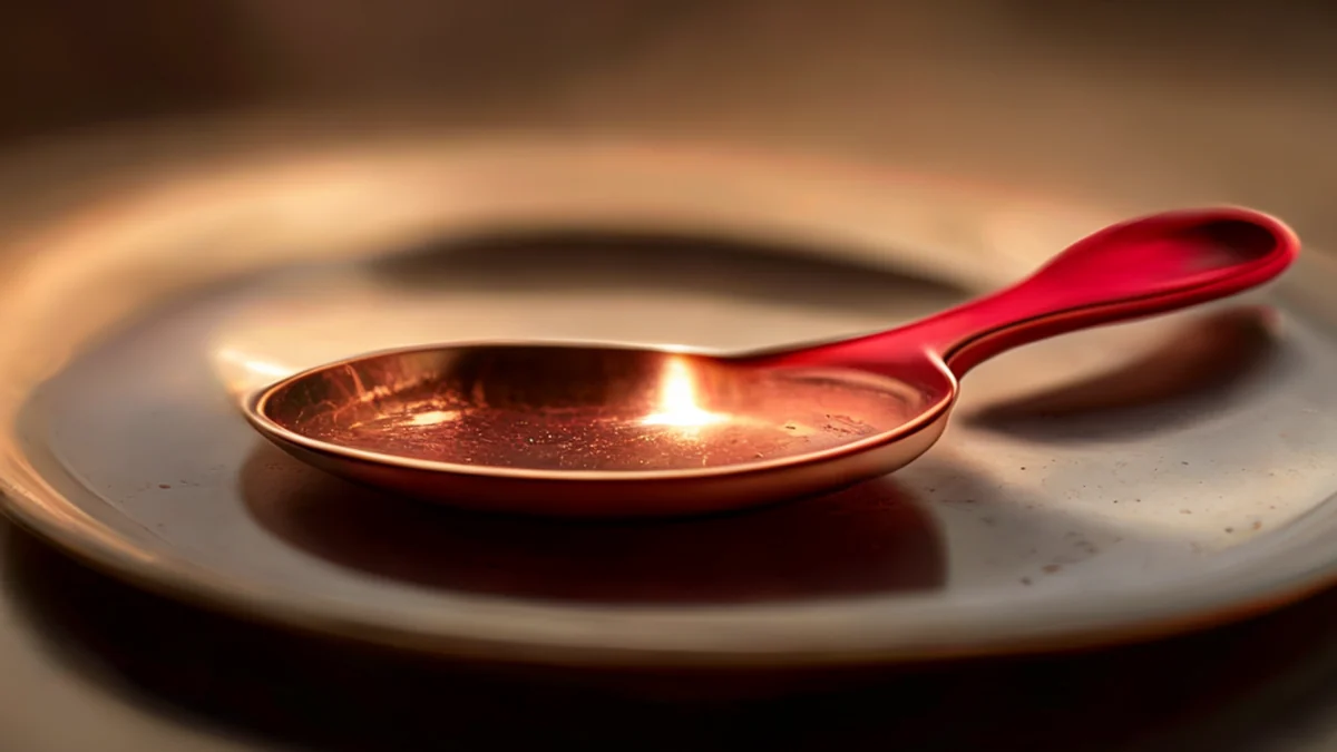 A copper spoon with a polished surface and a handle.