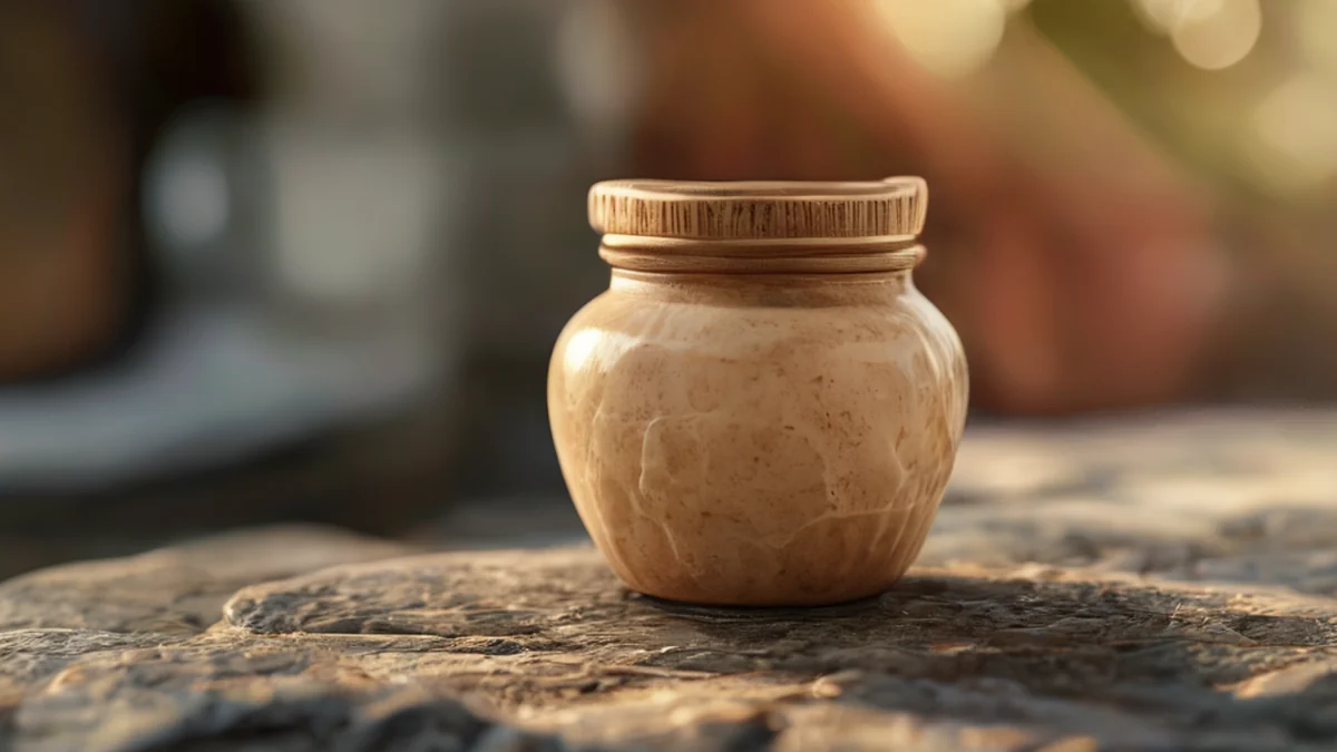A bone-colored jar with a carved handle, placed on a stone surface, under warm side light, shallow depth of field, photorealistic, sharp focus, high detail