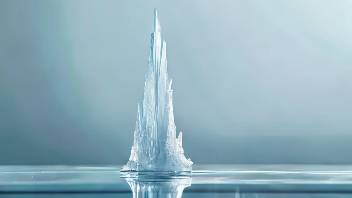 Una espina de hielo alta con textura fría, sobre una mesa de vidrio, bajo una caja de suave iluminación de estudio limpia, profundidad de campo suave, fotorealista, enfoque afilado, detalles altos