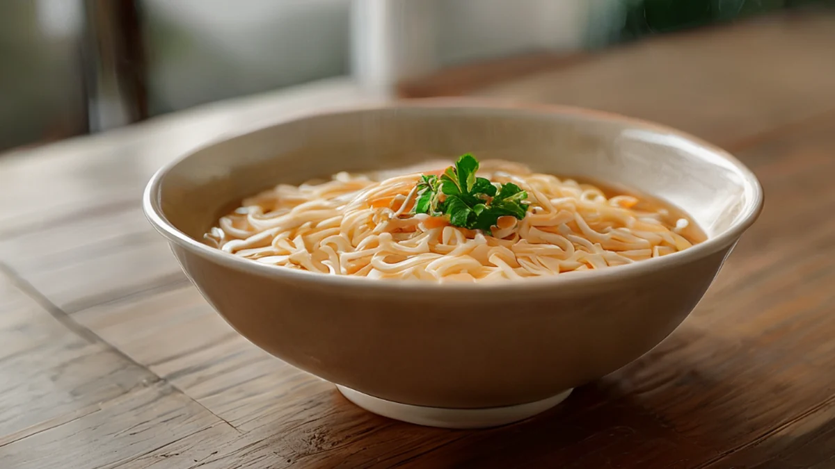 Bowl de ramen, cerámica, redondeada, blanca, brillante, sobre una mesa de madera, día nublado, profundidad de campo suave, realista, detalles altos