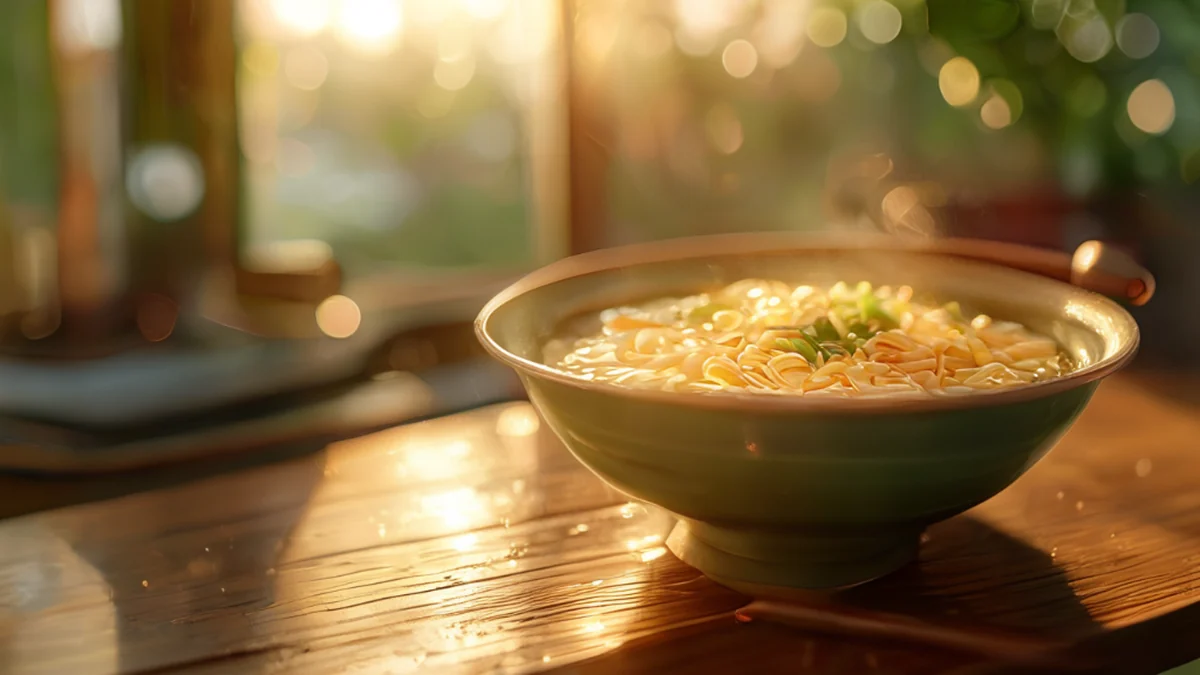 Filtre à riz, circulaire, vert clair, sur une table en bois, golden hour, mise au point flou, réaliste, détails élevés