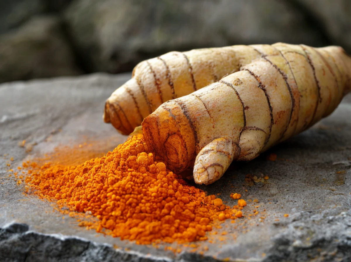 Racine de curcuma crue et poudre, couleur orange naturelle, texture organique