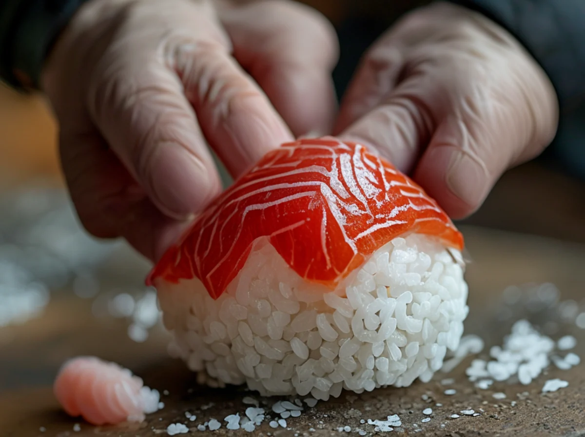 Una persona forma nigiri con riso sushi e pesce.