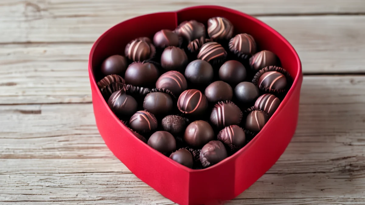 Cassetta di cioccolato a forma di cuore, rossa, con coperchio.