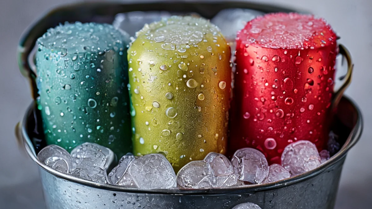 Cannetta di seltzer freddo, bottiglia chiara con ghiaccio e sapore