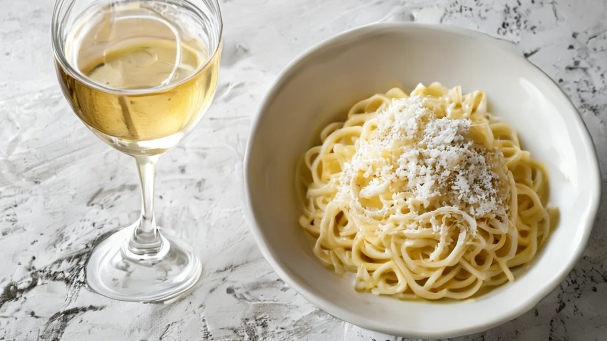 パスタと赤ワインとチーズが並ぶプレート。