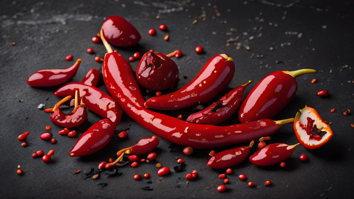 Auf einer weißen Oberfläche stehen rote Chilipfeffer und getrocknete Chiliflaschen.