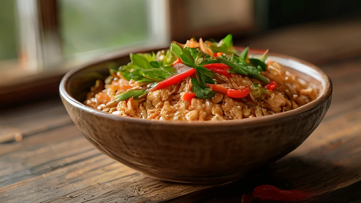 Ein Schäl mit scharfem Kimchi, Reis und Gemüse.