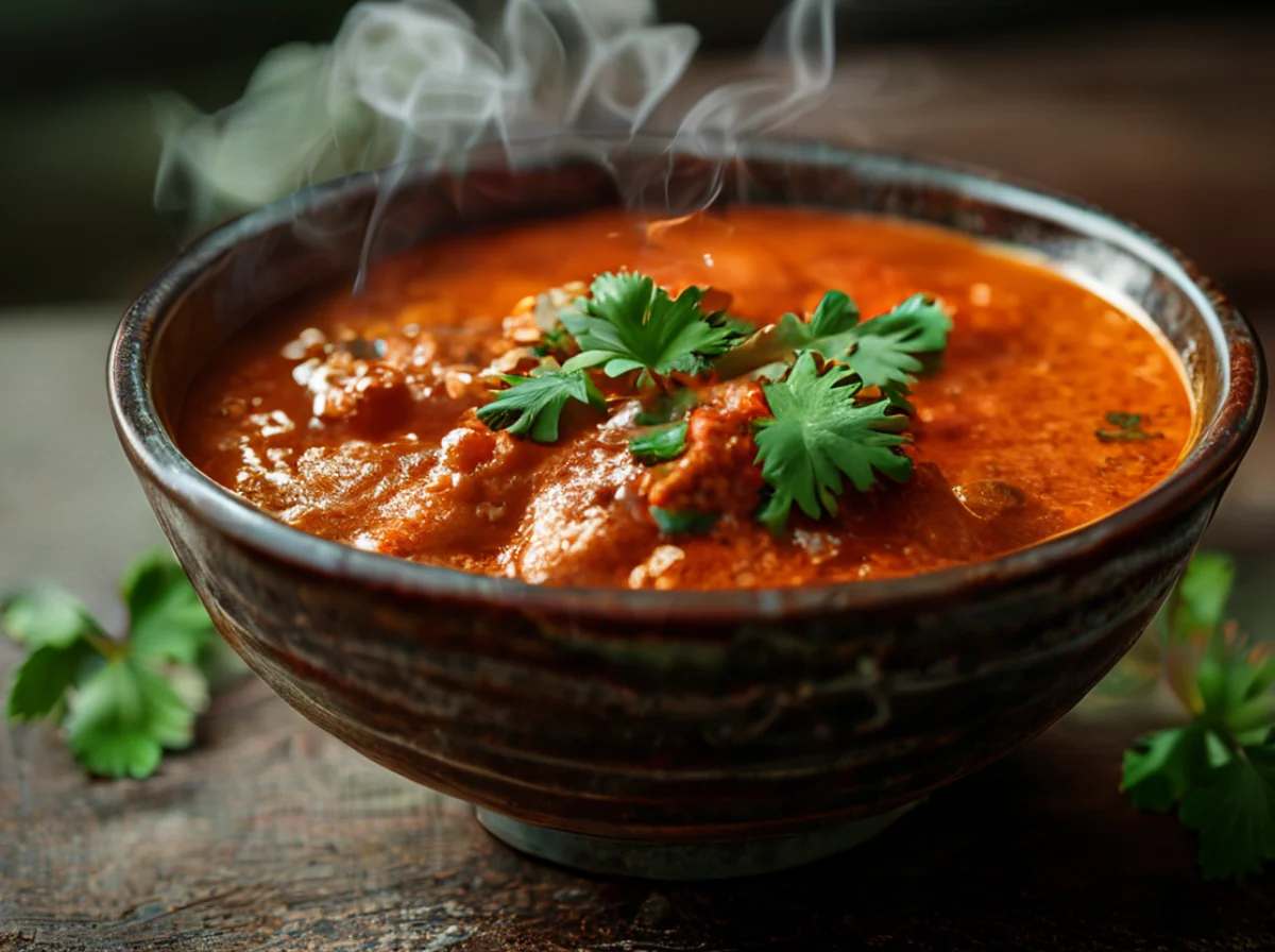 A bowl of spicy chicken curry with red sauce and chicken pieces.