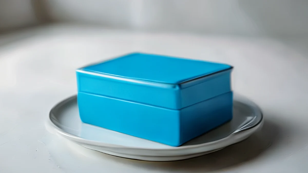 A plastic box, bright blue with a lid, on a white ceramic plate, under overcast daylight, shallow depth of field, photorealistic, sharp focus, high detail