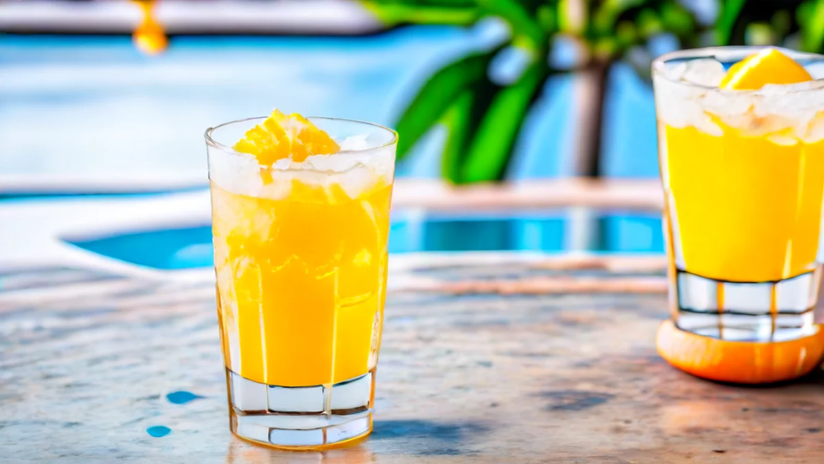 Tall glass de cocktail tropical naranja con cubos de hielo y una rebanada de ananá en la mesa de la piscina