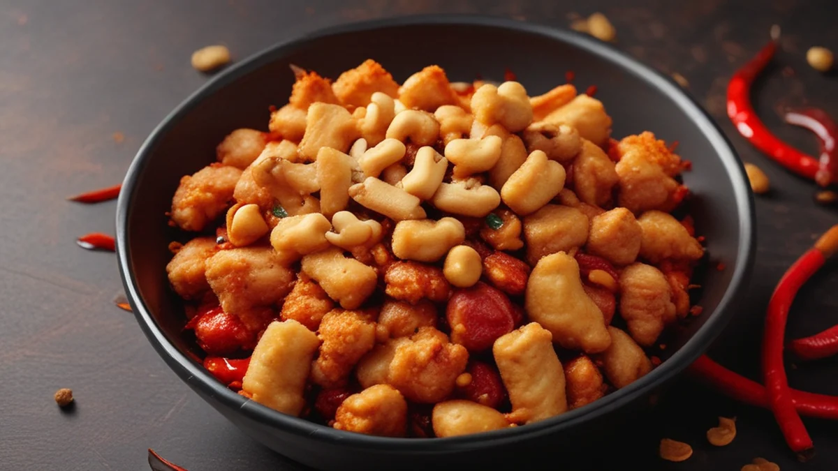 Poulet Kung Pao Friture avec des champignons et des noisettes
