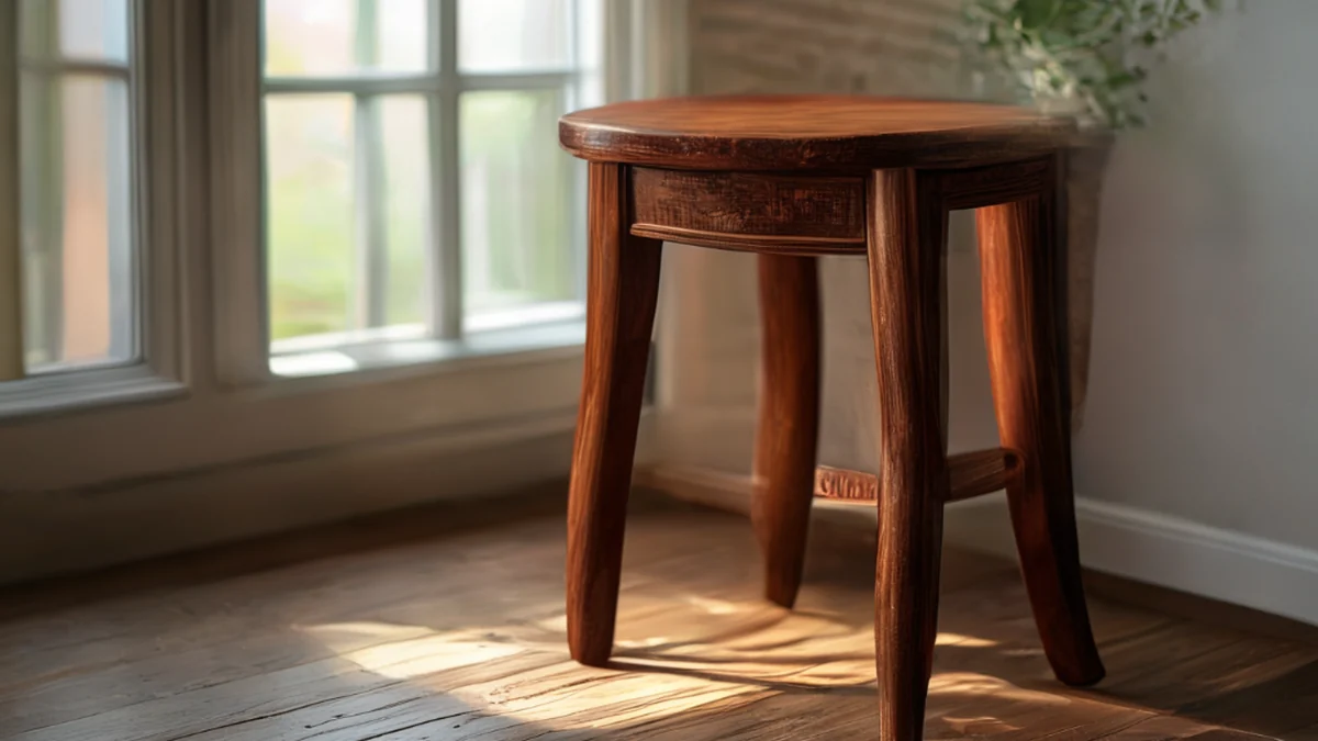 Chaise Cochin : Un siège en bois traditionnel indien avec un dossier courbé et des détails gravés.