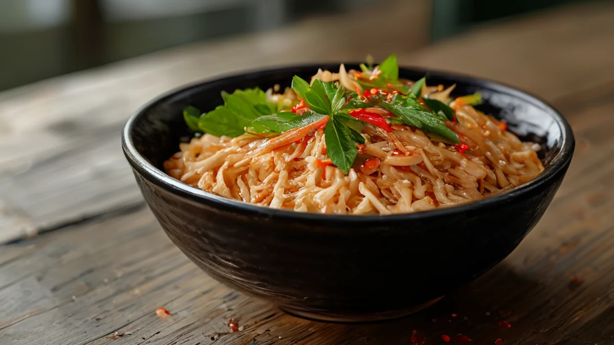 Bowl di ceramica nera con kimchi, foglie verdi, peperoncini rossi e kimchi bianco su un tavolo di legno sotto un cielo grigio
