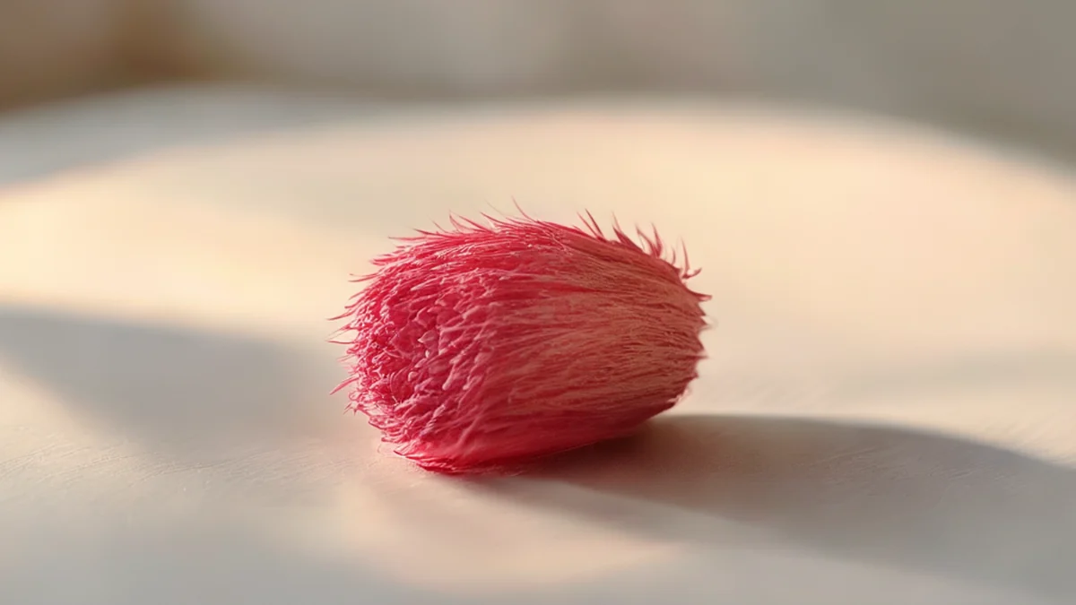 Un unico, cilindrico, talo di fiori, rosso scuro, texture fibrosa, su un piano bianco, luce calda da lato, profondità di campo sottile, realismo fotografico, focus netto, dettagli elevati