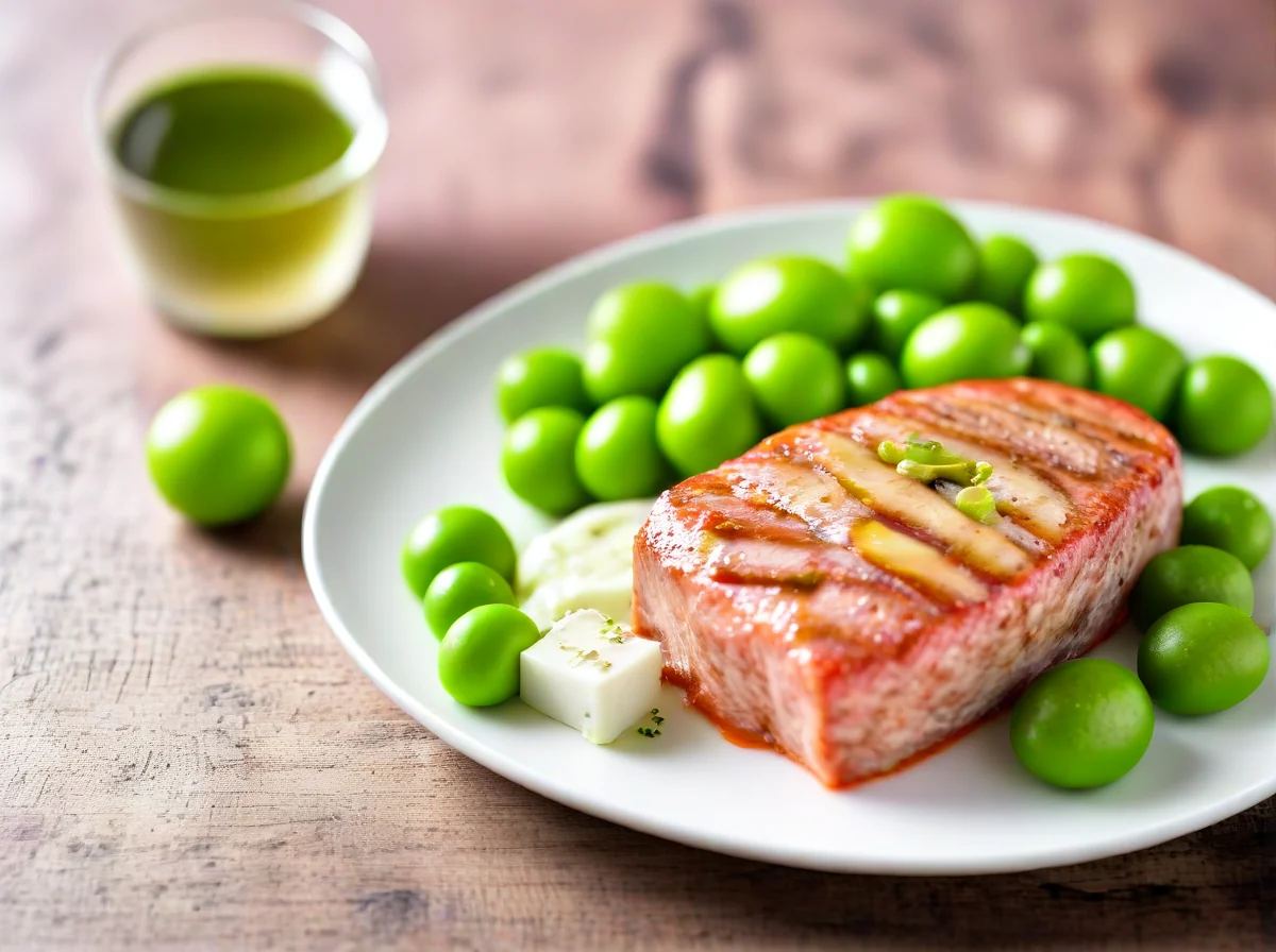 ミレスティナーナ風の料理で焼いたサバ、緑色のオリーブ、白いフェタチーズ、そして黄金色のオリーブオイルが含まれます。