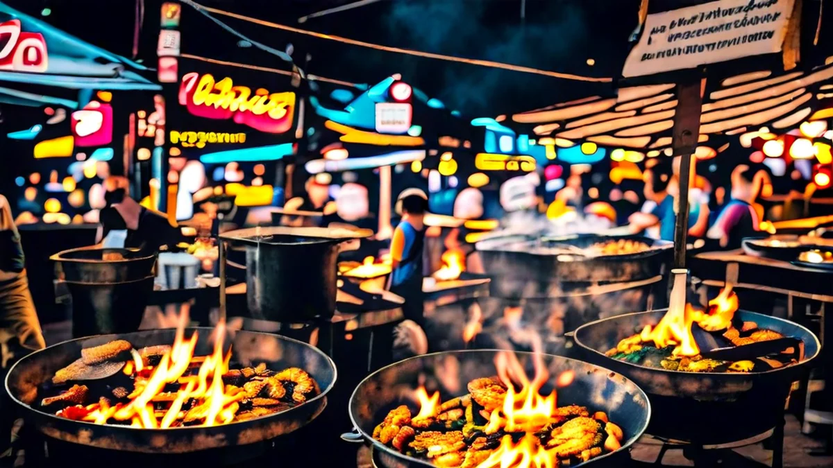 夜市中的食物攤位，售賣各種街頭小吃。